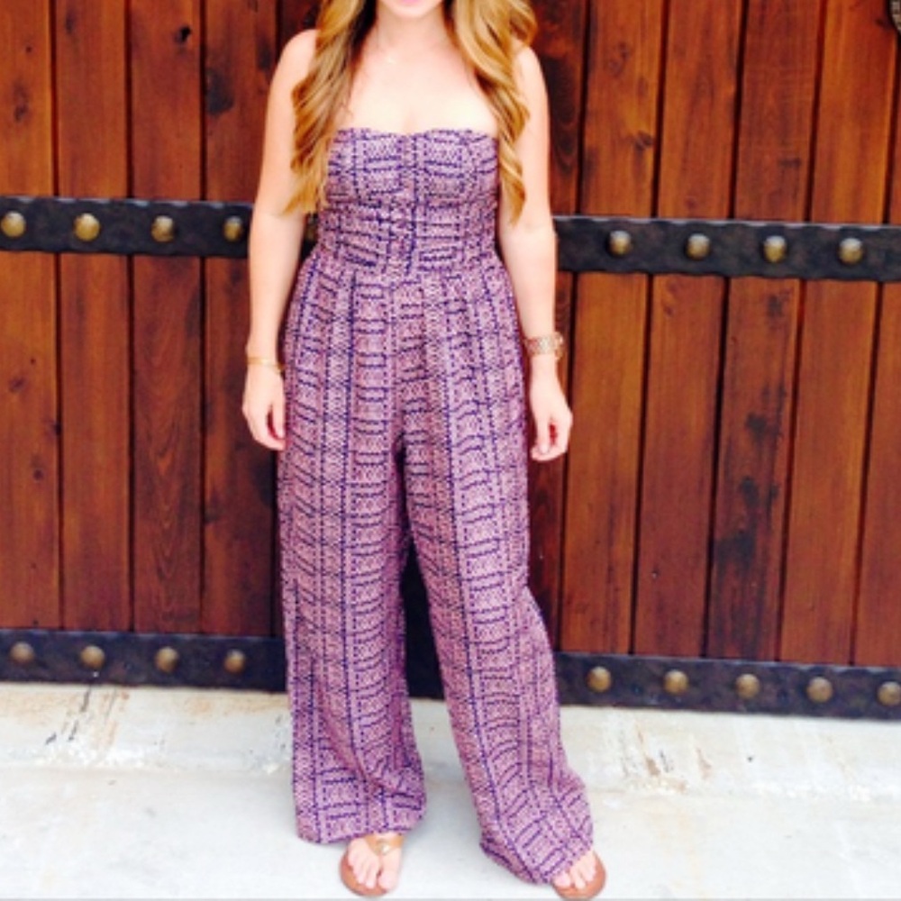 Fire Los Angeles Strapless Pink and Blue Tribal Print Jumpsuit